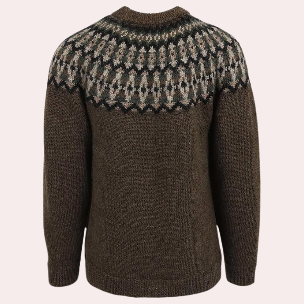 Brauner Strickpullover mit nordischem Muster, Unisex, warm, aus Wolle, ideal für Herbst und Winter.