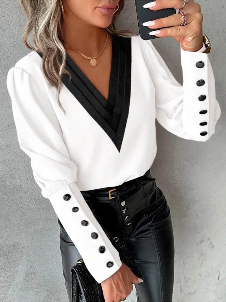 Long-Sleeve V-Neck Contrast Blouse - Genevieve