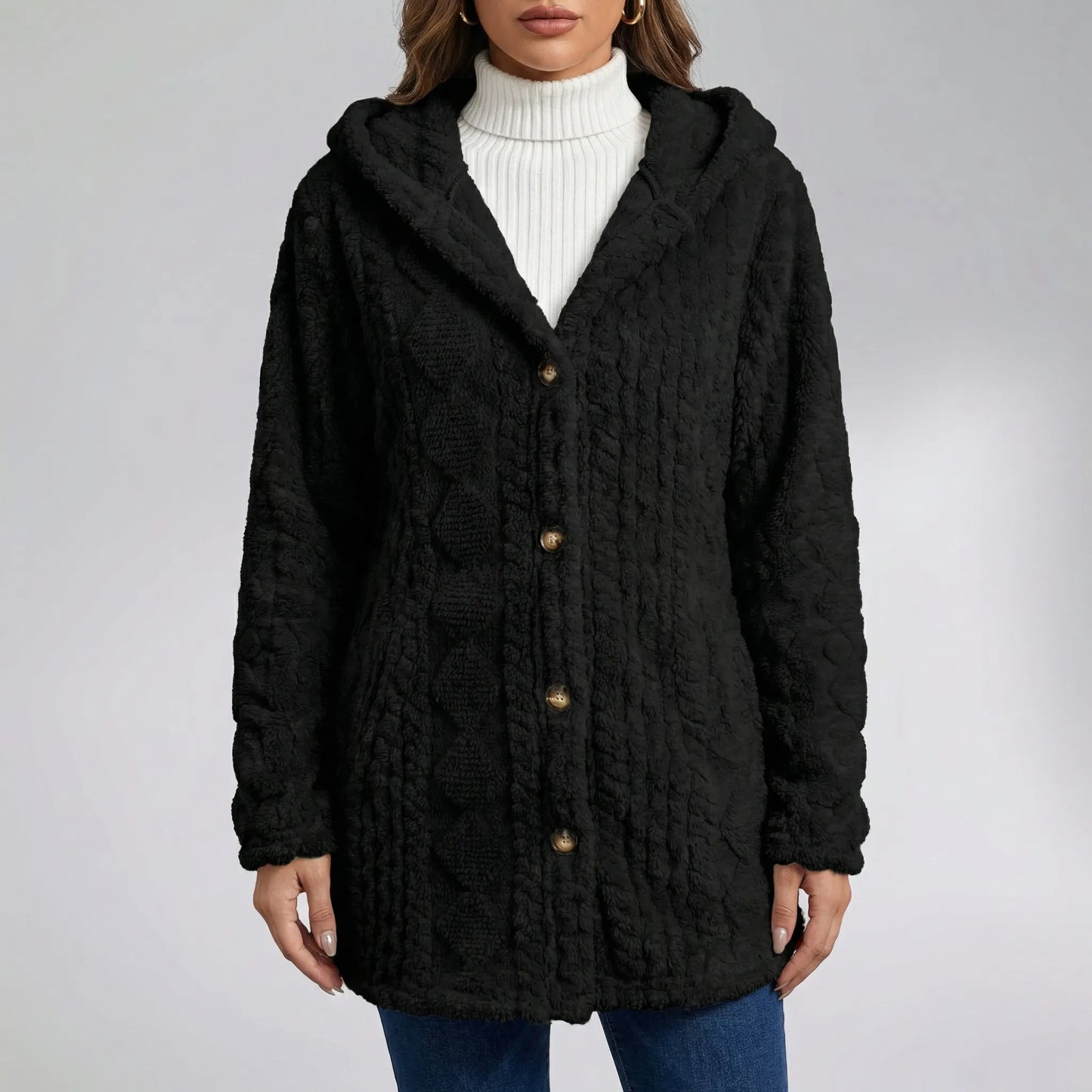 Plüschjacke Mit Kapuze Und Durchgehender Knopfleiste - Amy