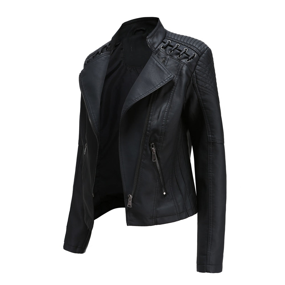 Schwarze Damen-Lederjacke mit Reißverschluss, Stehkragen und Steppnähten, modisch und elegant.