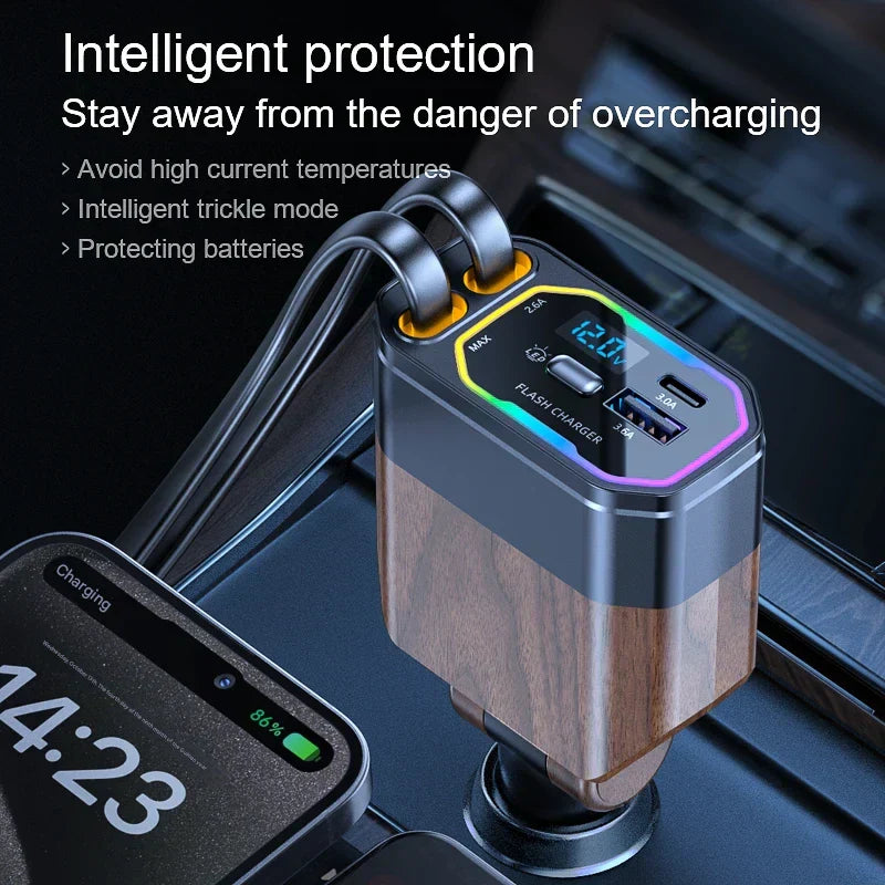 120W 4-in-1 Erweiterbares Autoladegerät mit USB-C- und Zigarettenanzünderadapter – Vega