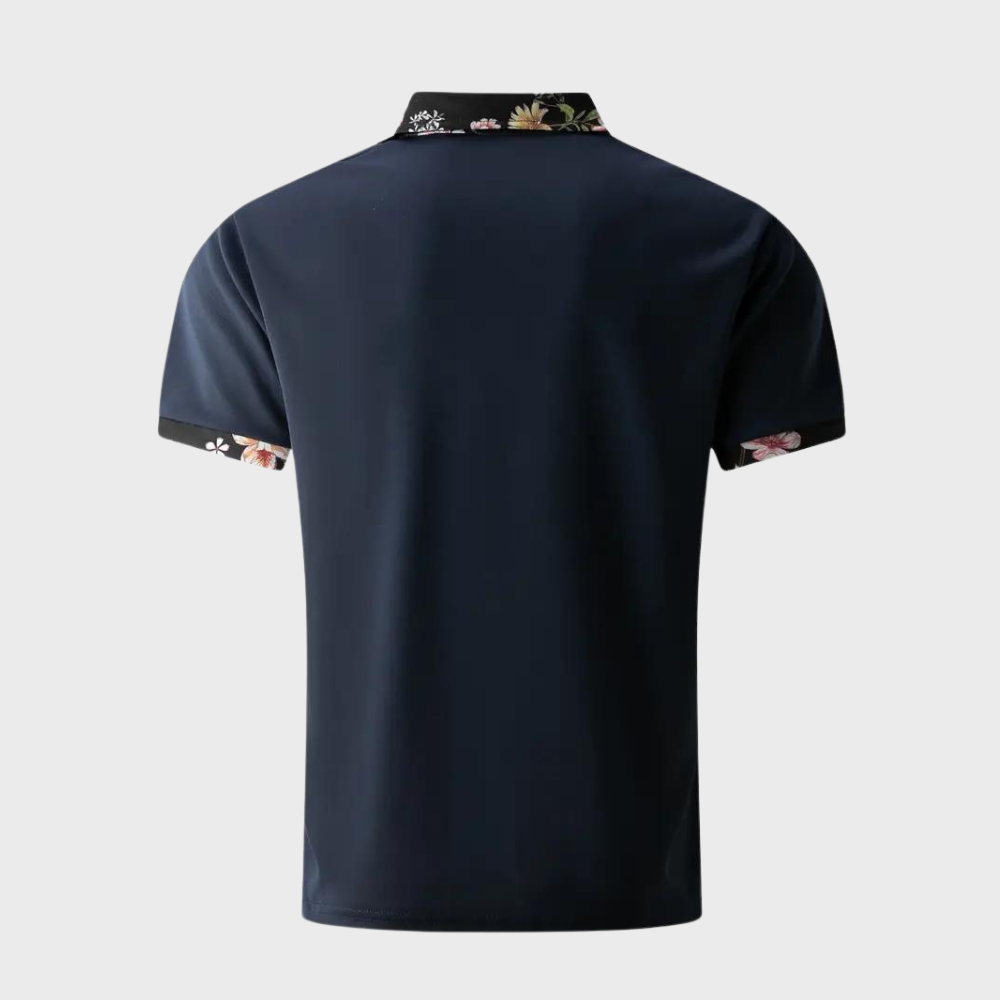 Dunkelblaues Polohemd mit Blumenmuster, Kurzarm, Herrenmode, stilvoll und modern.