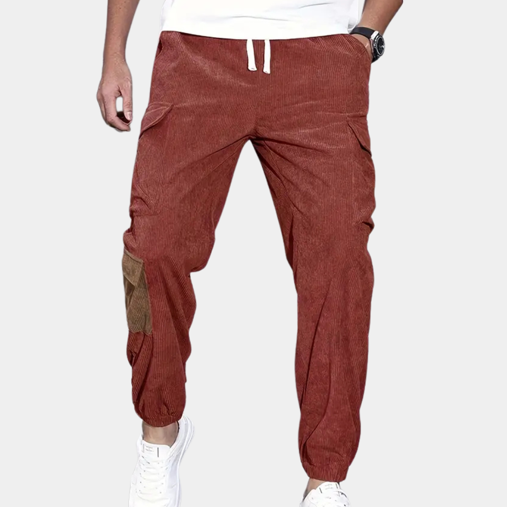 Rote Cordhose für Herren, lässig, mit Taschen, elastischer Bund, modisch, bequem.