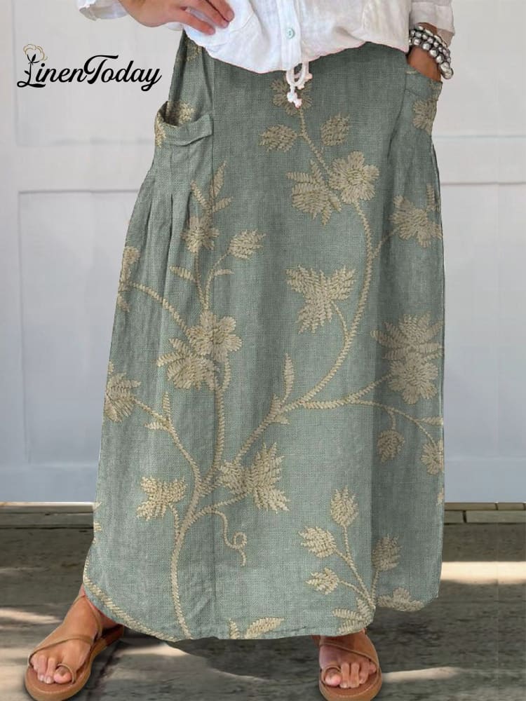 Leinen Maxi Rock mit Blumenmuster – Aurelia