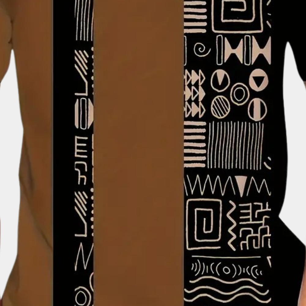 Braunes und schwarzes T-Shirt mit geometrischen Mustern, Unisex, Baumwolle, modisch, modern.