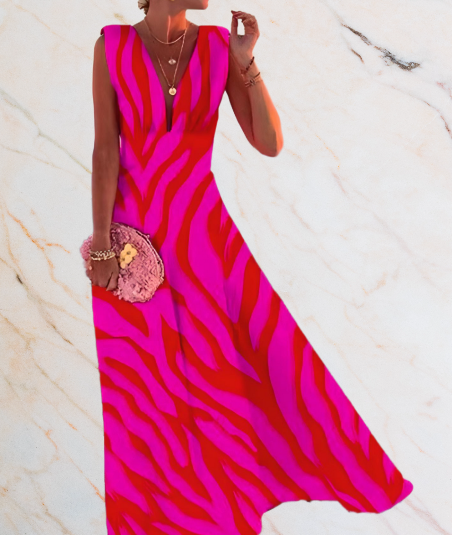 Nympha- Schön sitzendes langes ärmelloses Kleid mit zufälligem Design