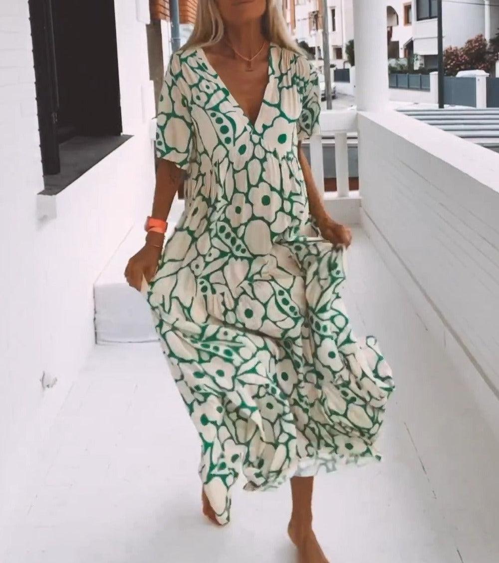 Grünes Maxikleid mit kurzen Ärmeln und Druck – Elisa