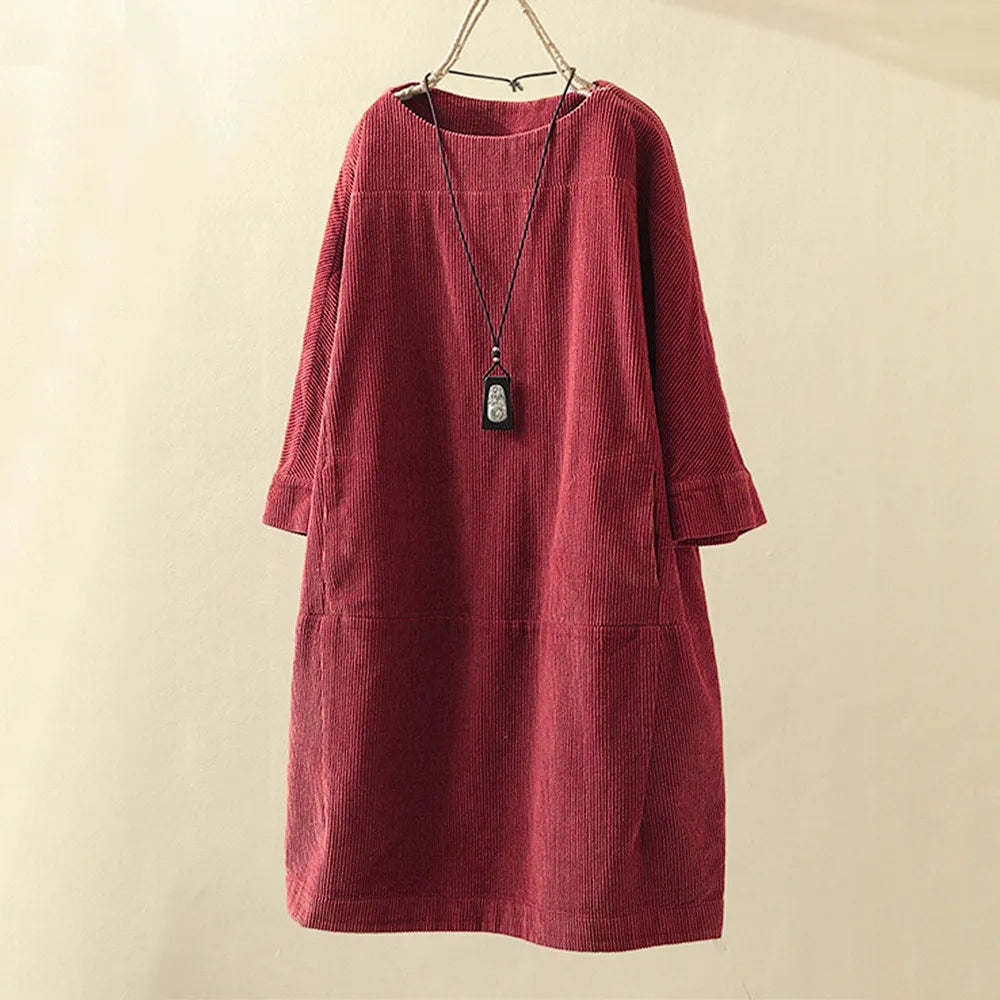 Rotes Cordkleid Damen, langärmelig, lässig, Herbstmode, Vintage-Stil, bequem.