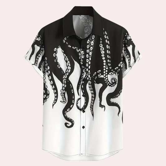 Schwarz-weißes Hemd mit Oktopus-Design, kurzärmelig, Baumwolle, modisch, Herrenmode.