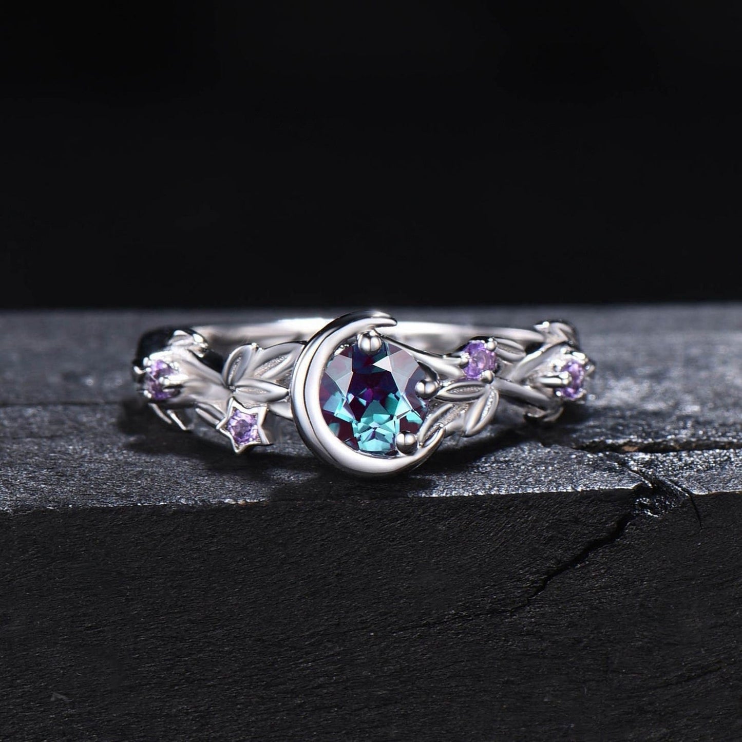Mondstern-Farbwechselnder Alexandrit- und Amethyst-Verlobungsring – Elena