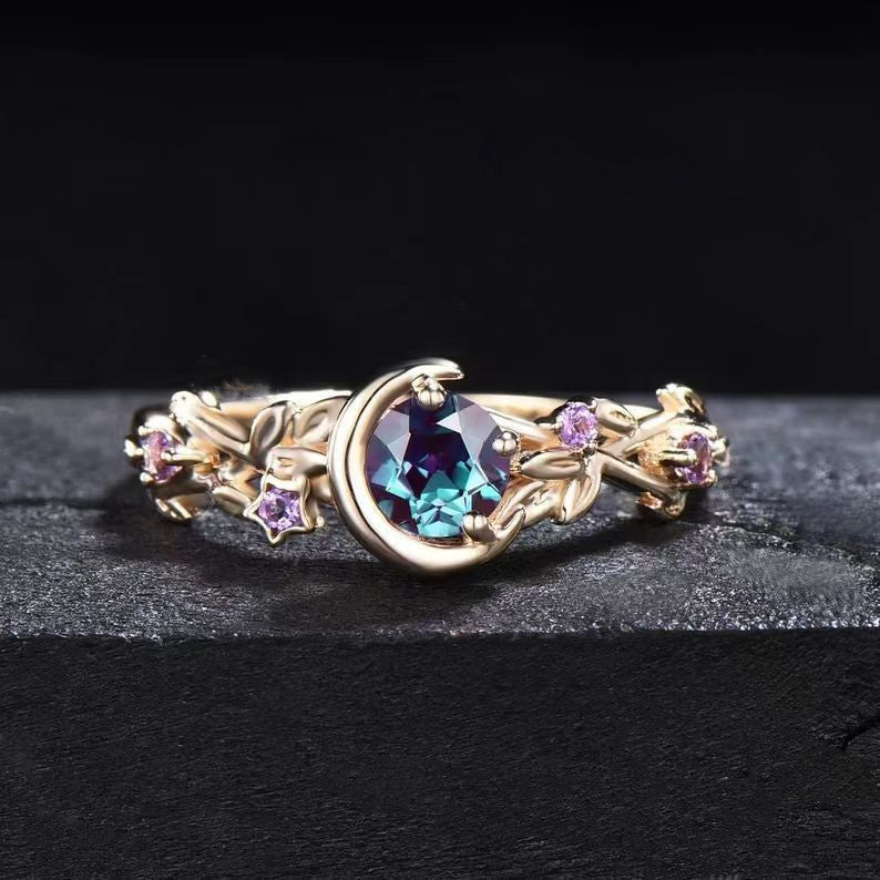 Mondstern-Farbwechselnder Alexandrit- und Amethyst-Verlobungsring – Elena