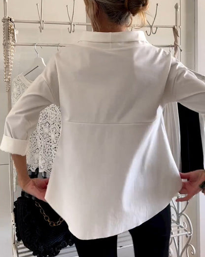 Damen Herbstbluse mit hohem Kragen und 3/4-Ärmeln – Mireille
