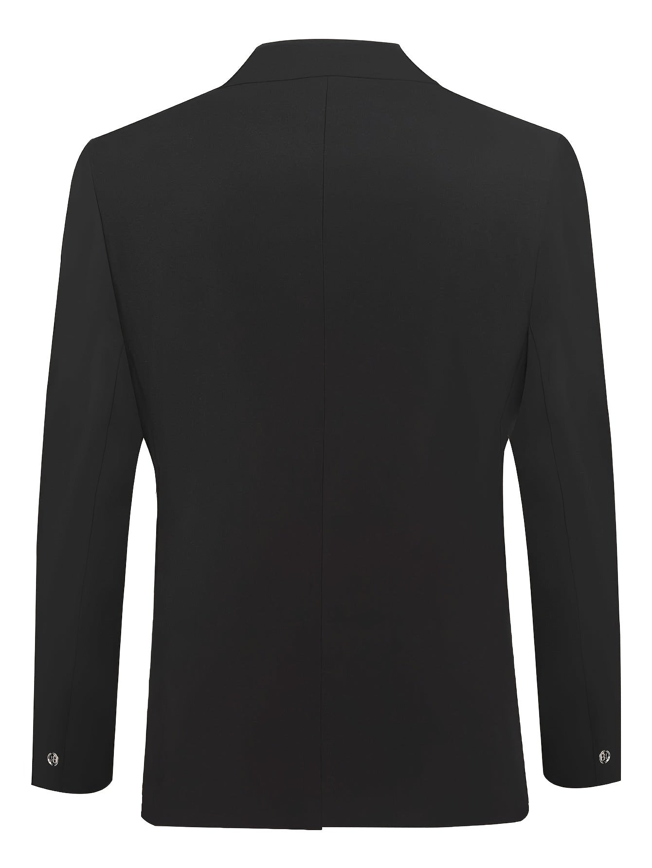 Schwarzes Herren-Sakko, Rückansicht, elegantes Design, formelle Kleidung, glattes Material.