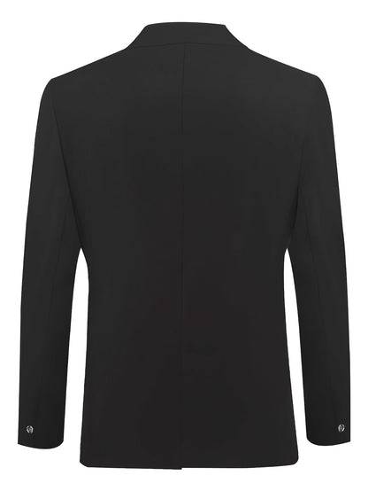 Schwarzes Herren-Sakko, Rückansicht, elegantes Design, formelle Kleidung, glattes Material.