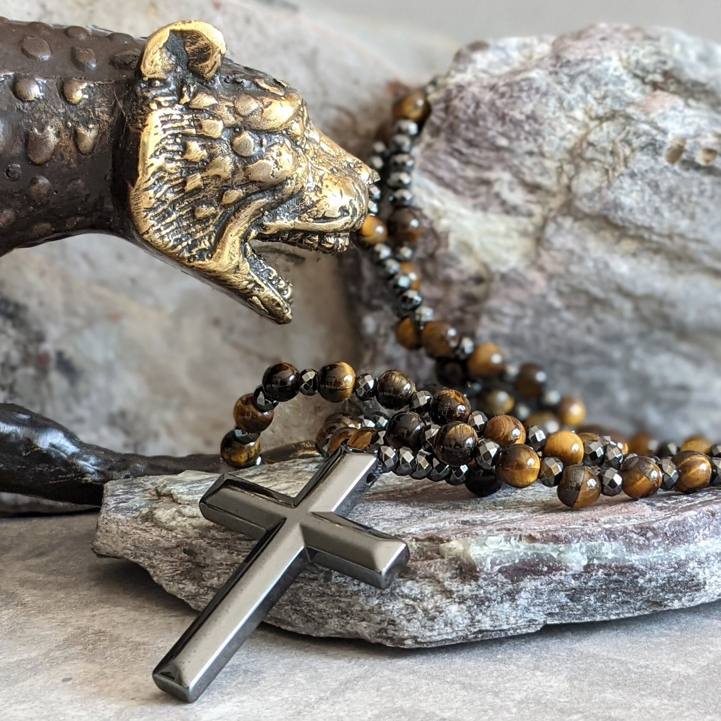 Tigerauge- und Lapislazuli-Kreuz-Rosenkranz-Halskette für Herren – Orion
