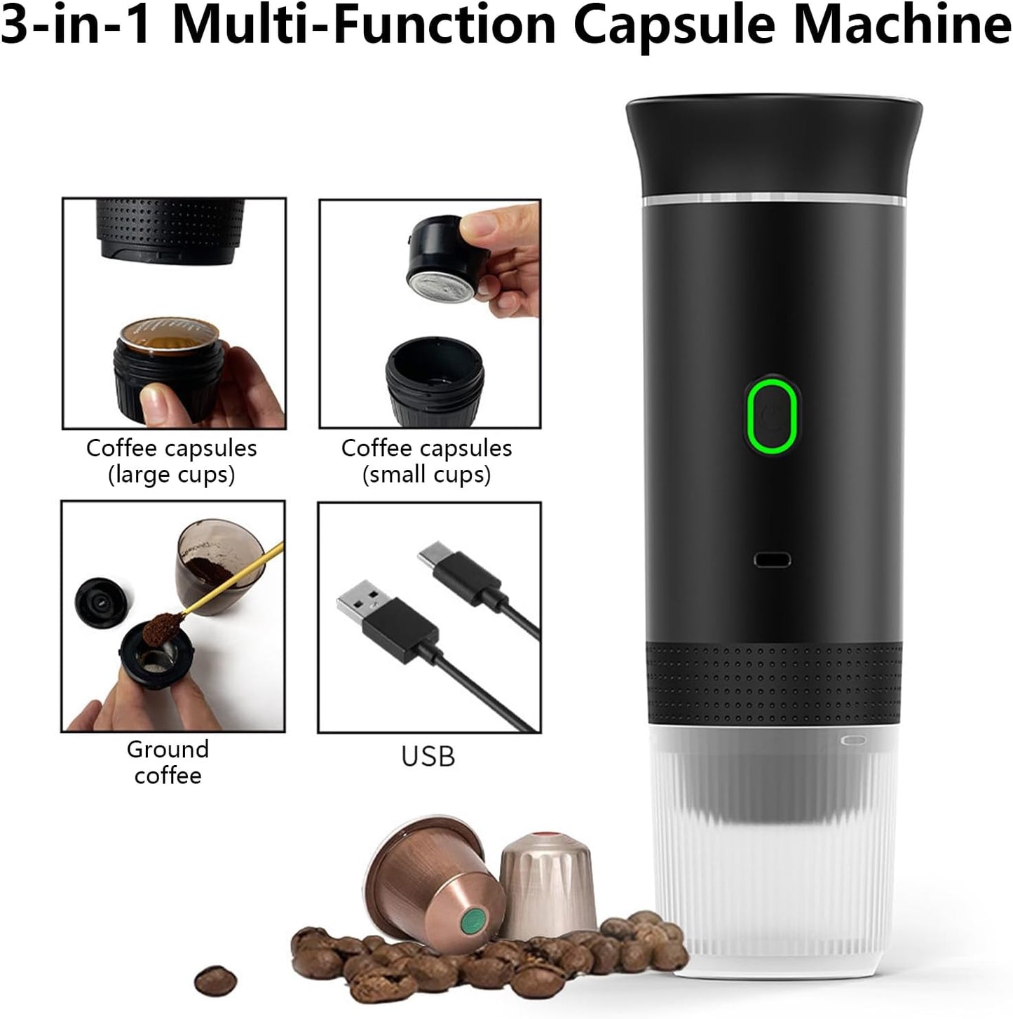 Tragbarer 3-in-1 Espresso-Kaffeemaker mit wiederaufladbarem Akku – Raverno