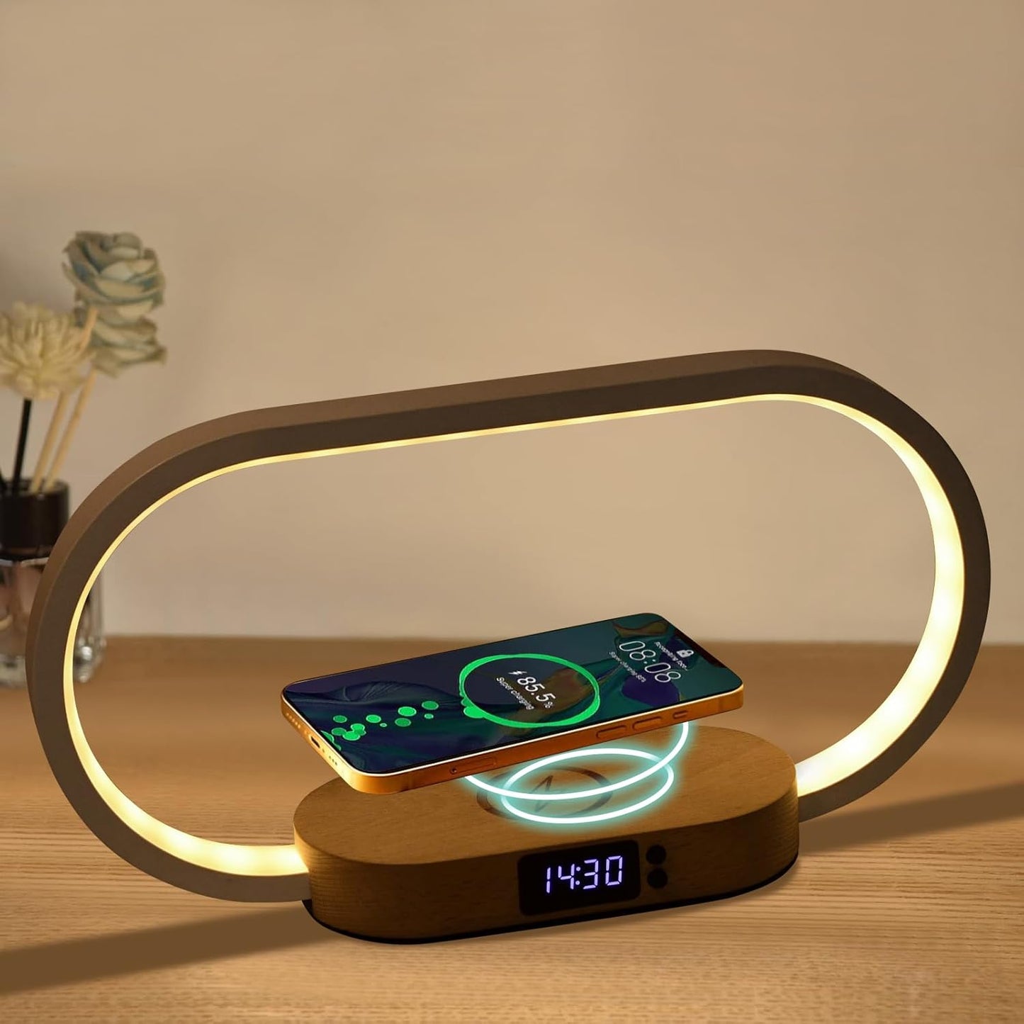 Kabellampe mit Wireless Charging und Uhr – Lumora
