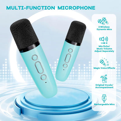 Tragbare Mini-Karaoke-Maschine mit Bluetooth-Lautsprecher und 2 kabellosen Mikrofonen – Veylo