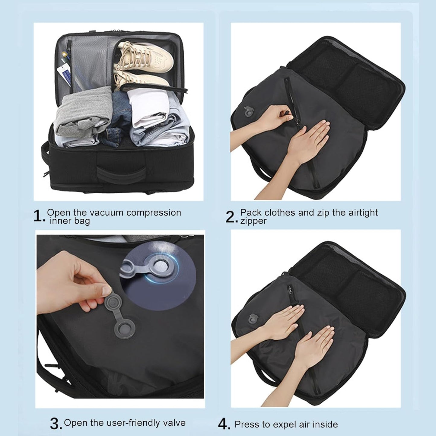 Erweiterbarer Vakuum-Reiserucksack 56–75L mit Pumpe – Dravion