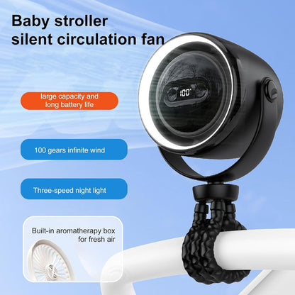 Wiederaufladbarer Clip-on-Kinderwagenventilator mit Nachtlicht 100 Geschwindigkeiten