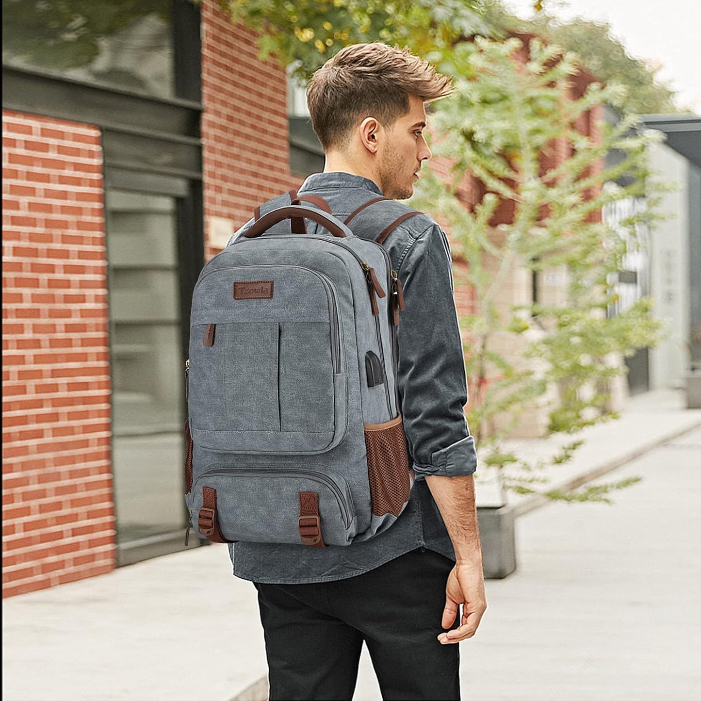 Anti-Diebstahl Canvas Laptop- und Reiserucksack mit USB-Anschluss – Geeignet für Laptops bis 43,94 cm