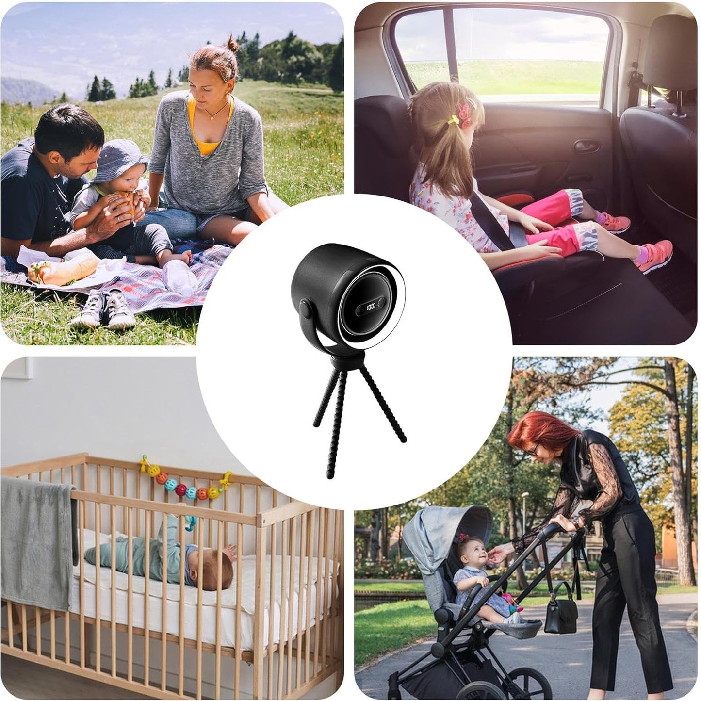 Wiederaufladbarer Clip-on-Kinderwagenventilator mit Nachtlicht 100 Geschwindigkeiten