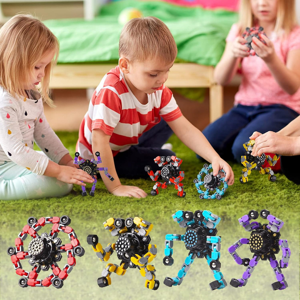 Verformbarer Anti-Stress-Fidget Spinner für Kinder & Erwachsene – 4er-Set