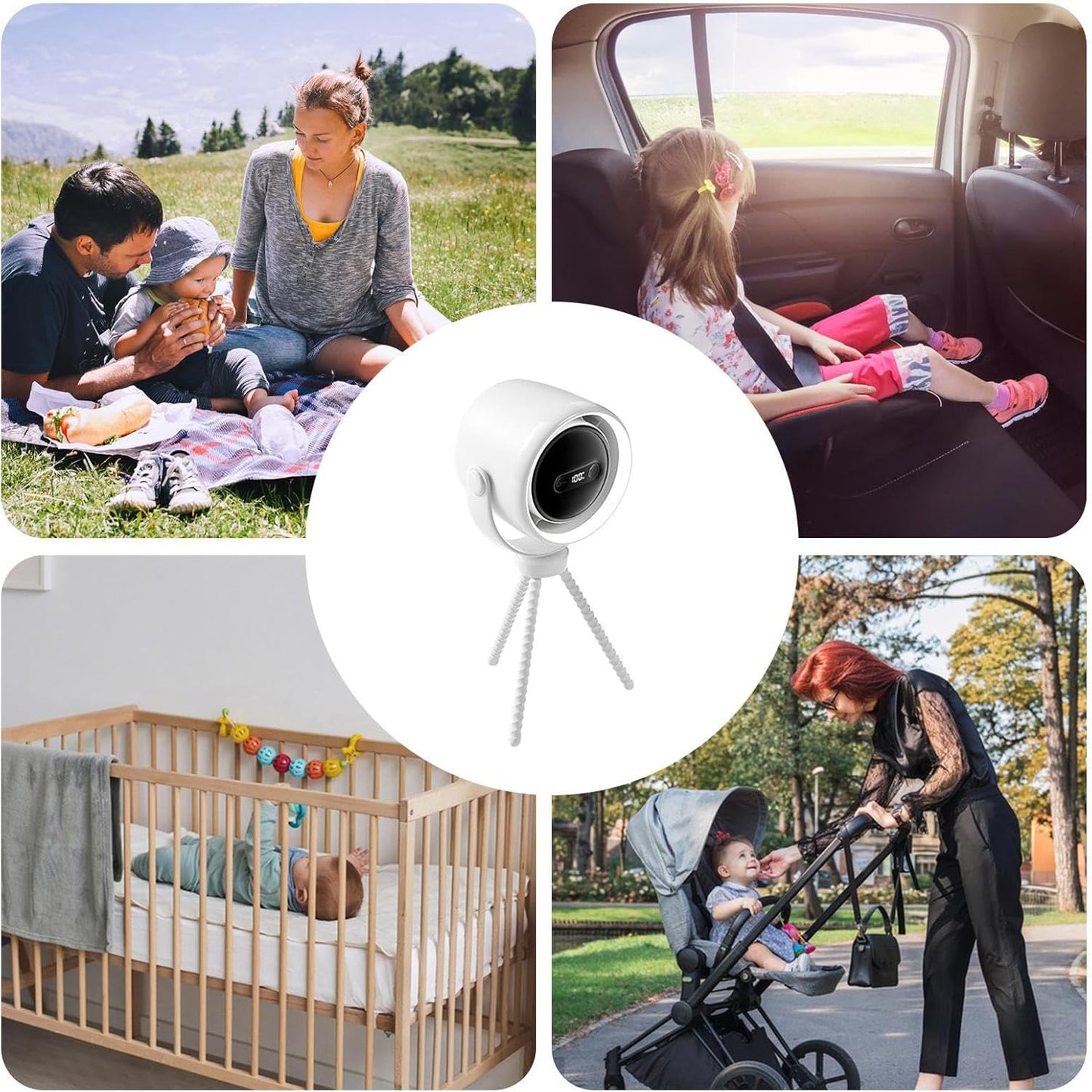 Wiederaufladbarer Clip-on-Kinderwagenventilator mit Nachtlicht 100 Geschwindigkeiten
