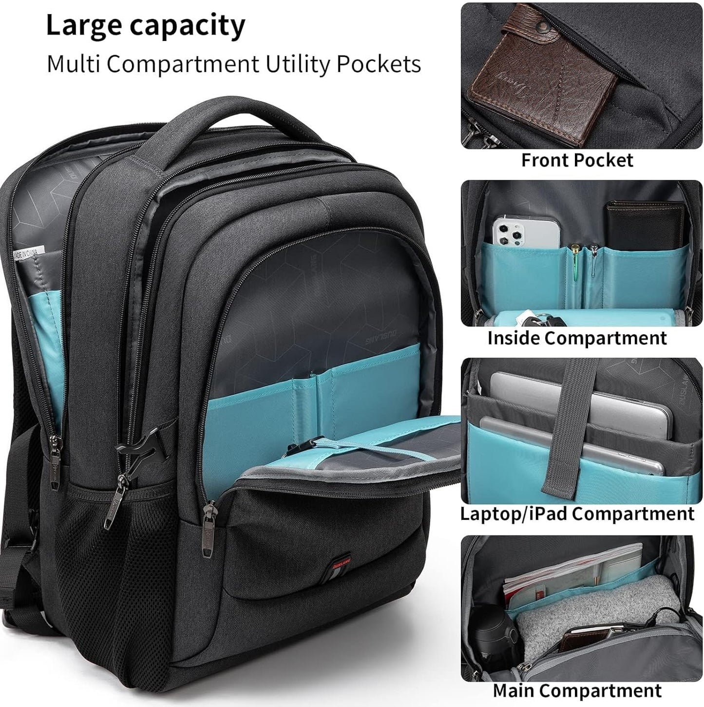 Wasserdichter Reise-Laptoprucksack mit USB-Anschluss und organisierter Aufbewahrung
