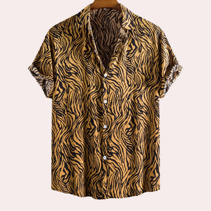 Kurzarmhemd mit Tigerstreifenmuster, gelb-schwarz, Baumwolle, Herrenmode, Sommerkleidung.