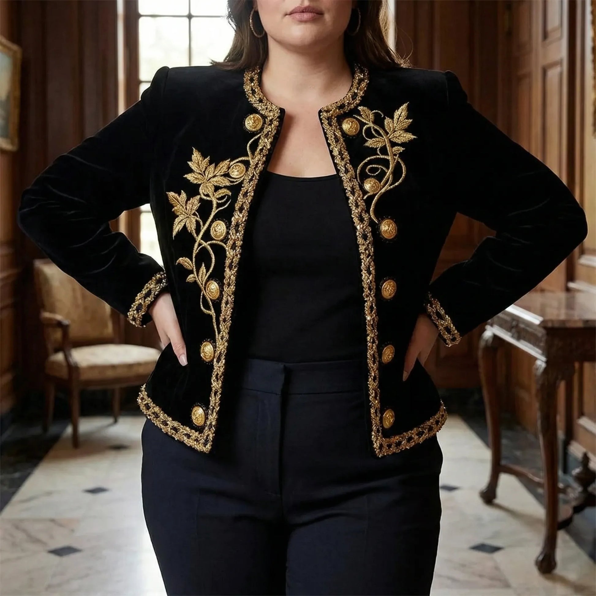 Bestickte Jacke In Großen Größen Mit Durchgehender Knopfleiste - Charlotte