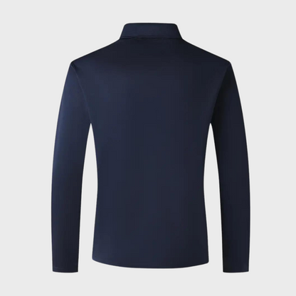 Dunkelblaues Herren-Poloshirt, langärmelig, Rückansicht, Baumwolle, klassischer Stil.