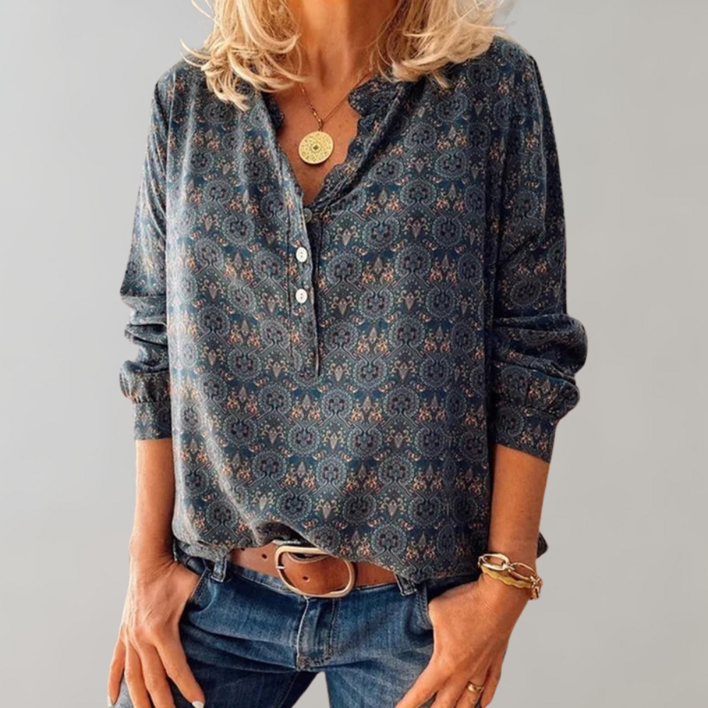 Vintage Damenbluse mit Knopfleiste und Print – Selina