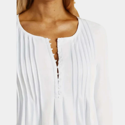Weiße Bluse aus Baumwolle mit Knopfleiste und Falten, Damenmode, elegant und stilvoll.