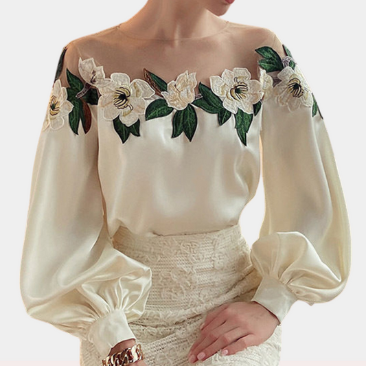 Blumenmuster Beige Damenbluse mit Lockere Passform – Elvira