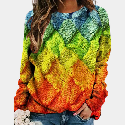 Farbiger Strickpullover Damen, Regenbogenmuster, langärmelig, lässig, modisch.