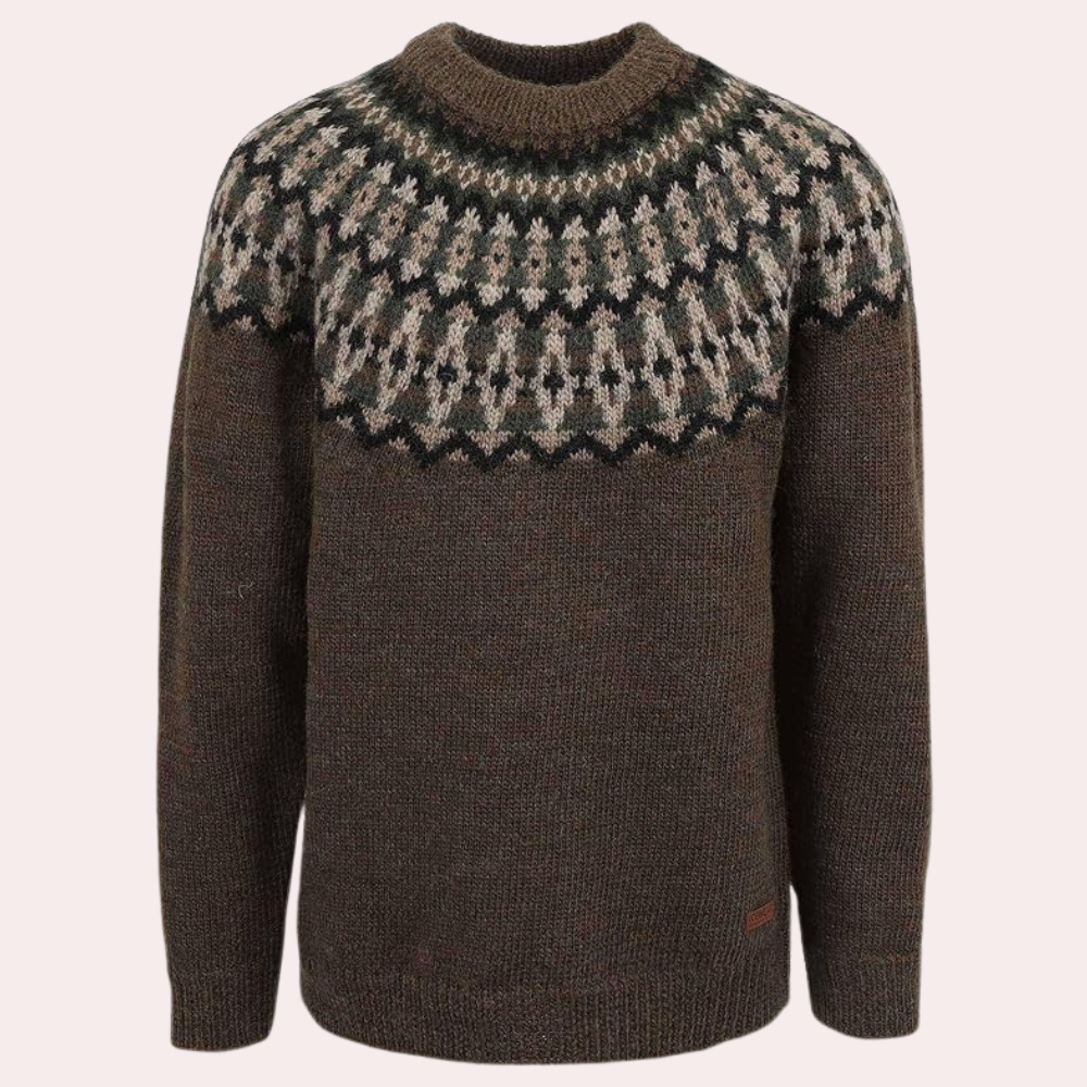 Grüner Norwegerpullover aus Wolle mit traditionellem Muster, Herrenmode, Winterkleidung.