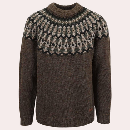 Grüner Norwegerpullover aus Wolle mit traditionellem Muster, Herrenmode, Winterkleidung.