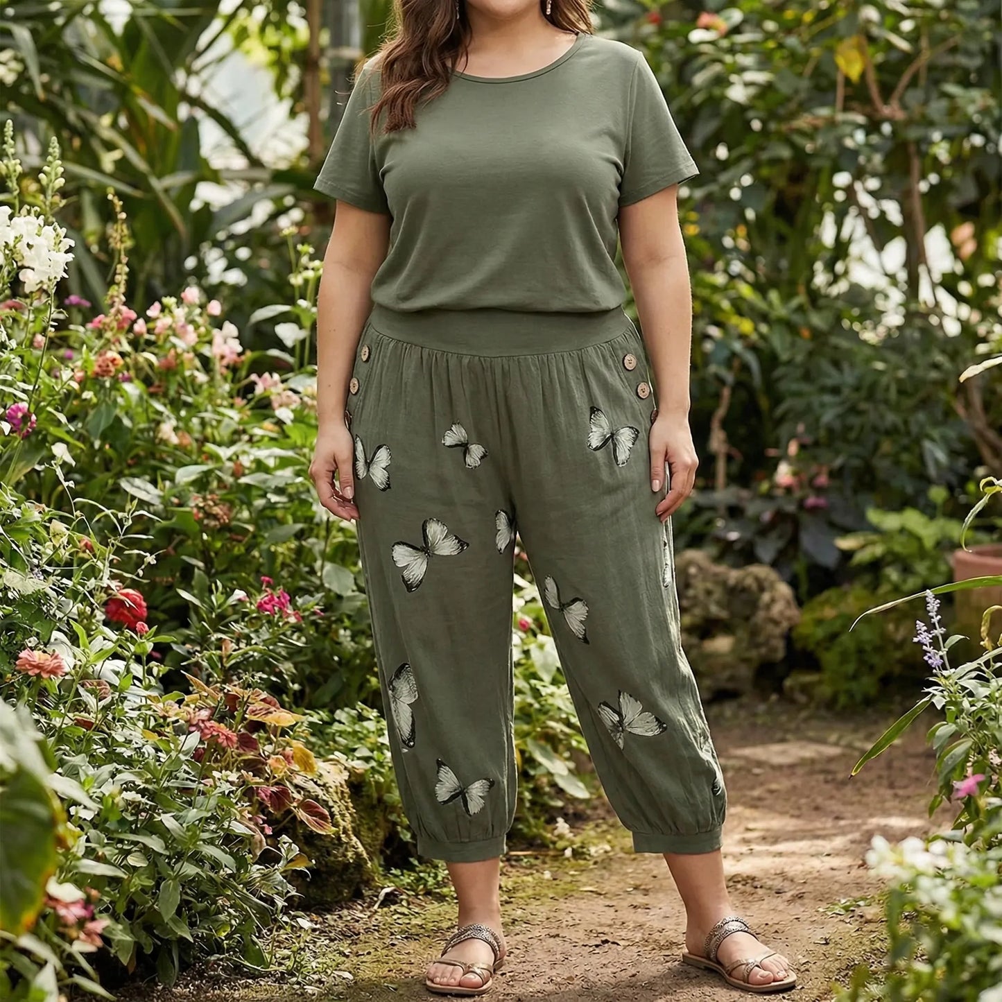 Caprihose Damen Mit Schmetterlings-Print In Großen Größen - Ella