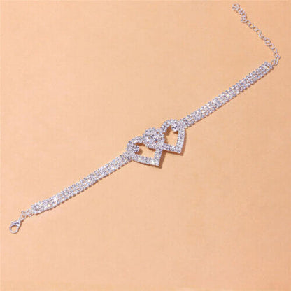 Double Heart Rhinestone Ankle Bracelet - Tricia