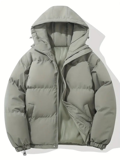 Grüne Kapuzenjacke, klassisches Design, warm, wattiert, Reißverschluss, Wintermode.