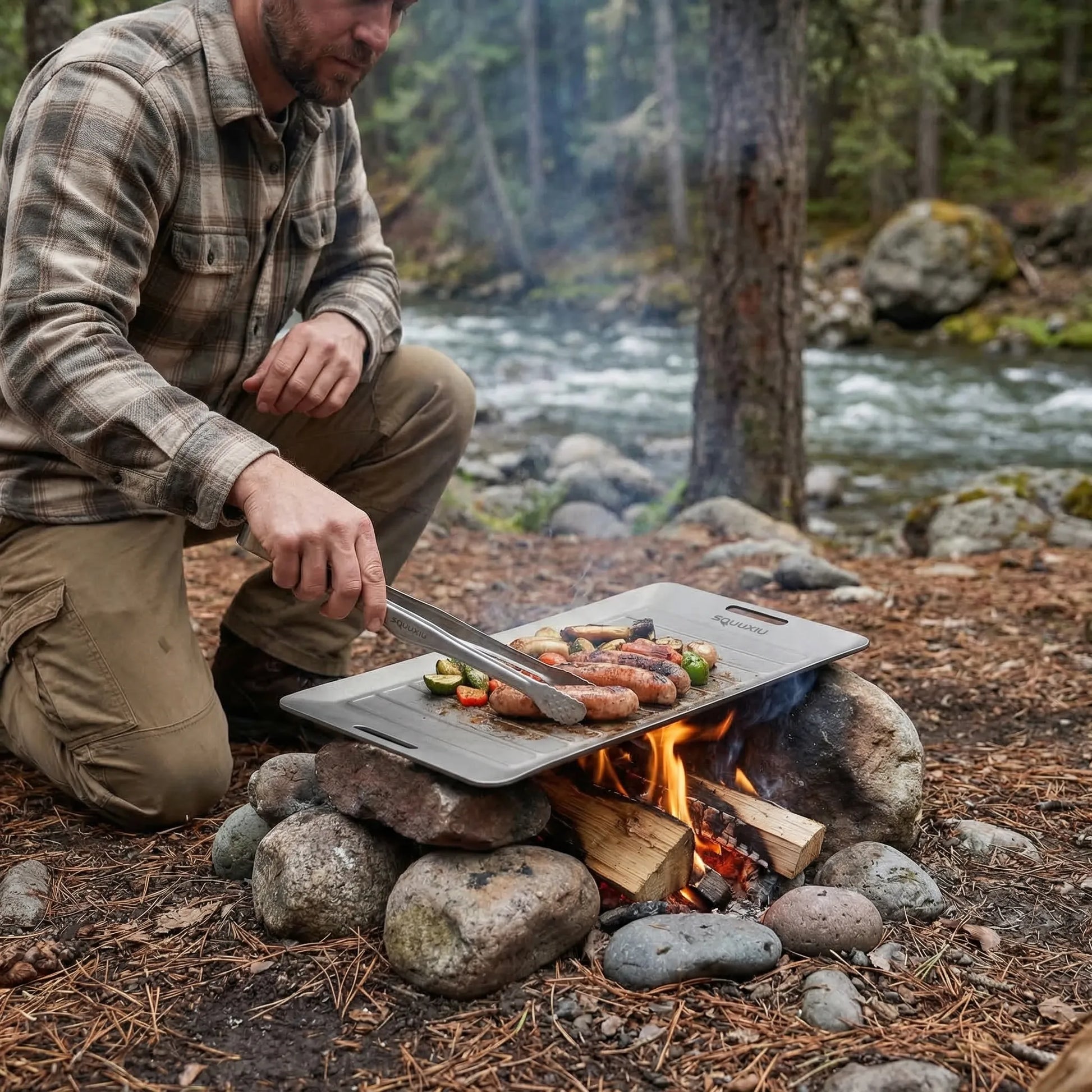 Geriffelte Camping-Grillplatte Mit Zange -  Flamekit