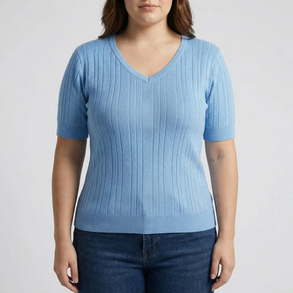Geripptes Strickshirt Damen V-Ausschnitt - Silvia
