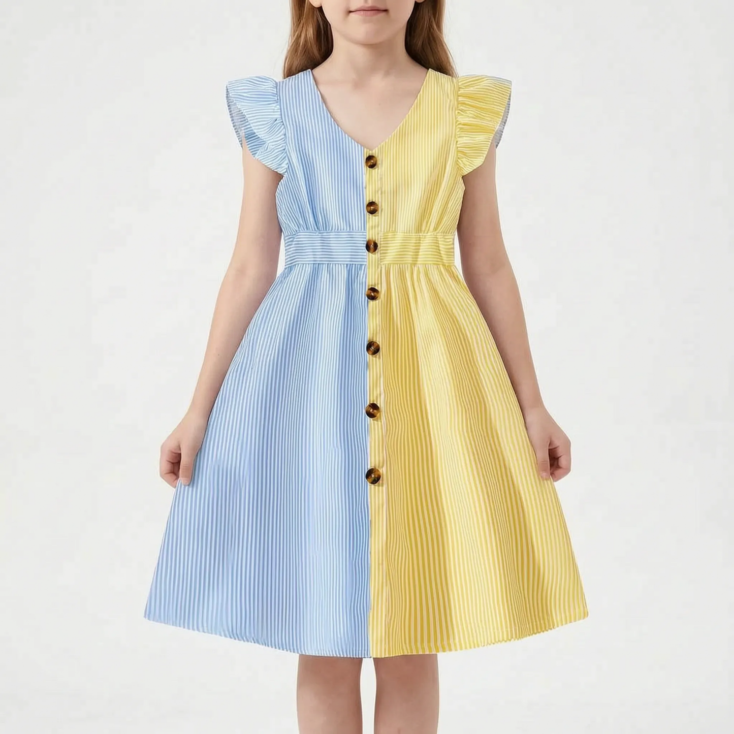 Gestreiftes Sommerkleid Hellblau Mit Flügelärmeln - Aerilys
