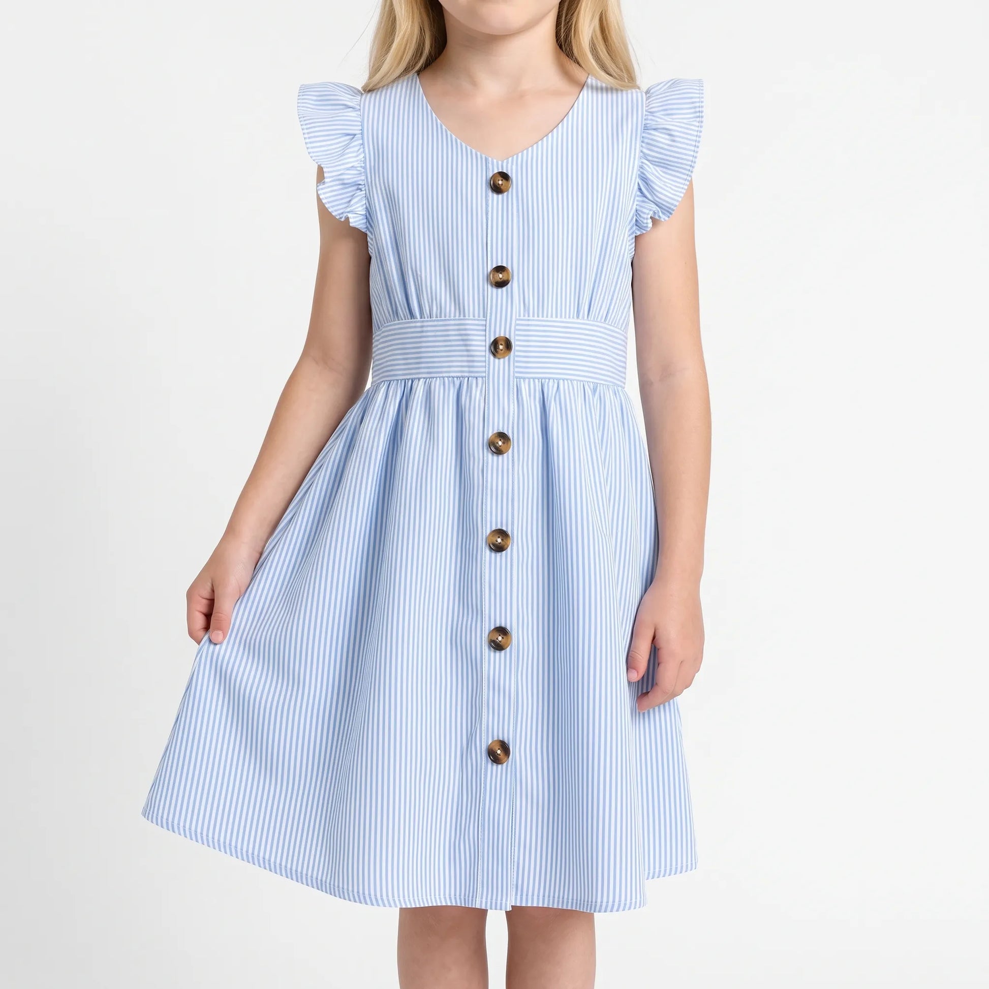 Gestreiftes Sommerkleid Hellblau Mit Flügelärmeln - Aerilys