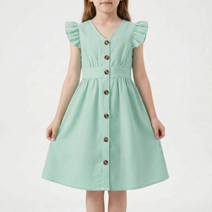 Gestreiftes Sommerkleid Hellblau Mit Flügelärmeln - Aerilys