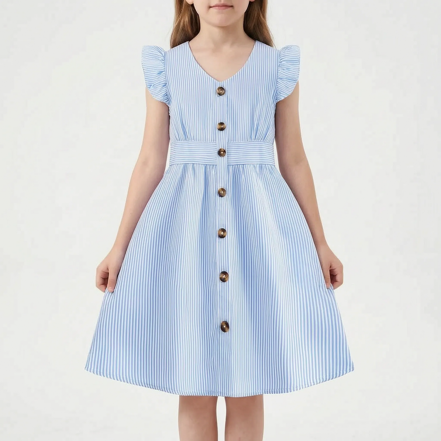Gestreiftes Sommerkleid Hellblau Mit Flügelärmeln - Aerilys