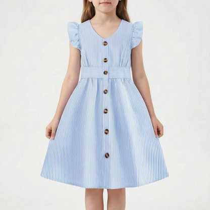 Gestreiftes Sommerkleid Hellblau Mit Flügelärmeln - Aerilys