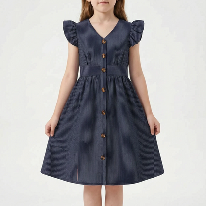 Gestreiftes Sommerkleid Hellblau Mit Flügelärmeln - Aerilys