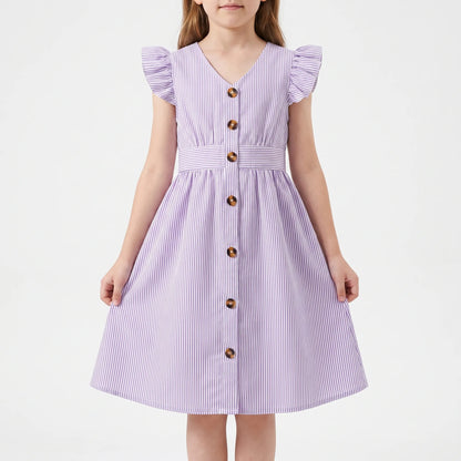 Gestreiftes Sommerkleid Hellblau Mit Flügelärmeln - Aerilys